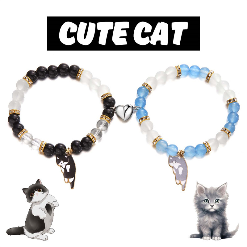 2 uds pulseras magnéticas para parejas amor en forma de corazón atracción a juego gato gatito colgante pulsera mujeres hombres amante joyería de boda