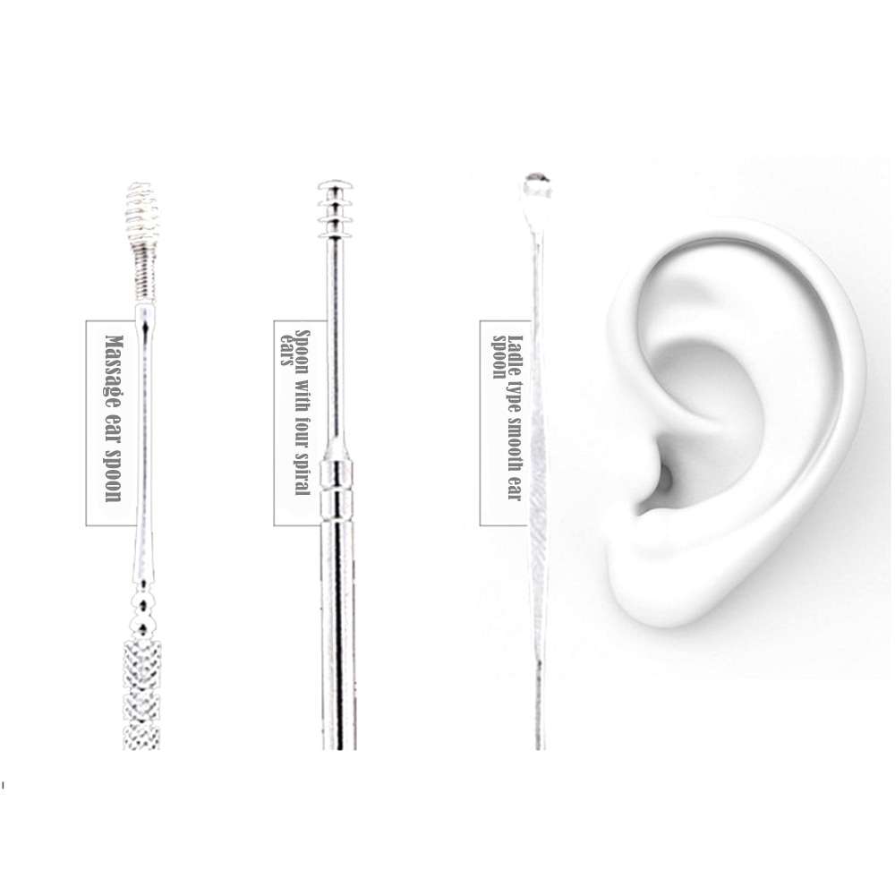 6Pcs Ear Pick Set Stainless Steel Earpick Ear Wax Curette Remover Ear Cleaner Spoon Spiral Ear Clean Tool