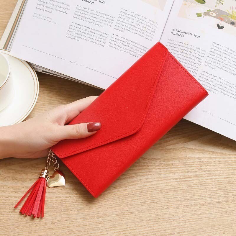 Herald Women Long Wallet with Tassel Leather Cluths Multi-function Ladies' Card Holder Female Coin Purse Wallet: Red 2