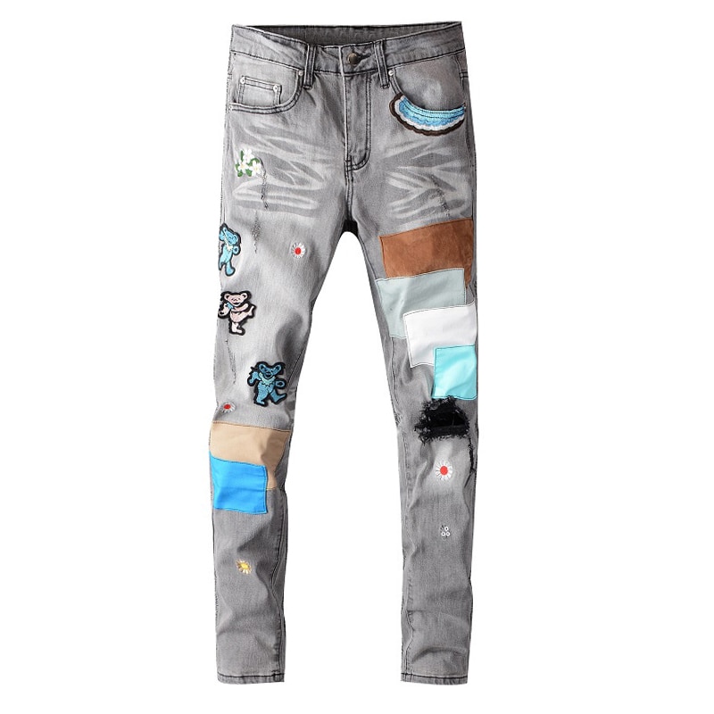 Jean stretch pour hommes, Streetwear brodé, slim, broderie ours en denim gris, pantalon extensible