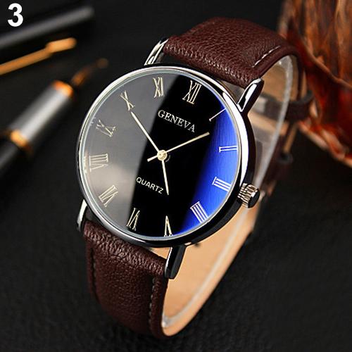 Männer Uhr Römischen Ziffern Blu-Strahl Faux Leder Band Quarz Analog Geschäft Armbanduhr: Braun Schwarz