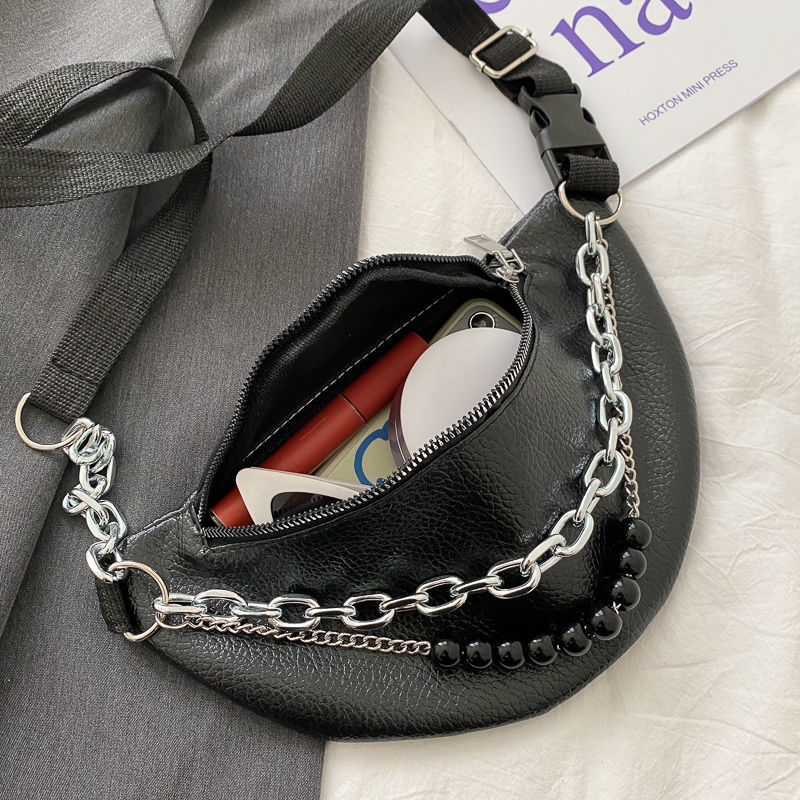 Waist Packs Women PU Leather Chain Unisex Chest Cross Body Women All-match Fanny Bags Ins Harajuku High Street Hip-hop