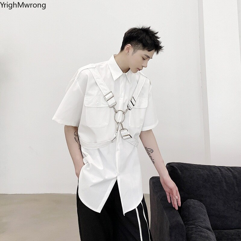 Plus size afneembare ring harnas kooiband hiphop harajuku streetwear heren overhemd zak blouse vrouw koreaanse punk