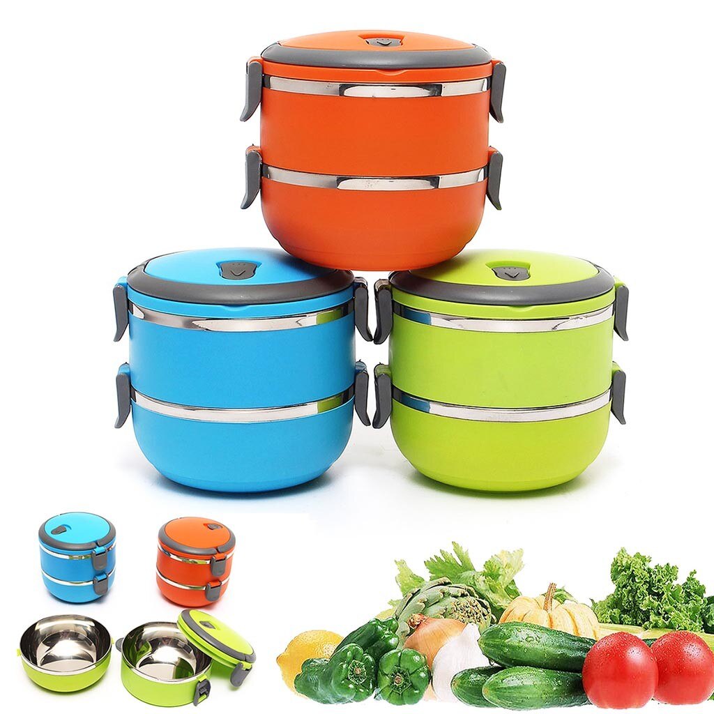2 Lagen Eenvoudige Europese Stijl 304 Rvs Containers Thermische Lunch Case Geïsoleerde Bento Box Draagbare Voedsel Bergingen