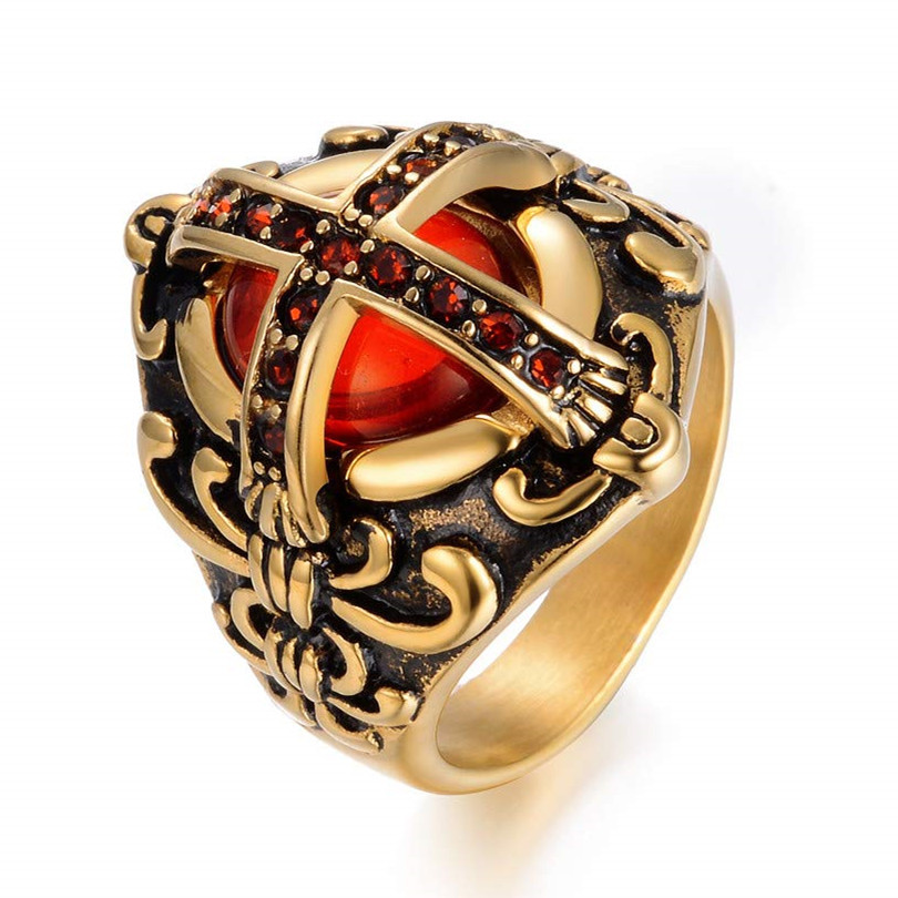 Gothic Cross Ringen Antieke Titanium Staal Met Rode Halfedelsteen Ringen Voor Mannen Vrouwen Vintage Unisex Sieraden