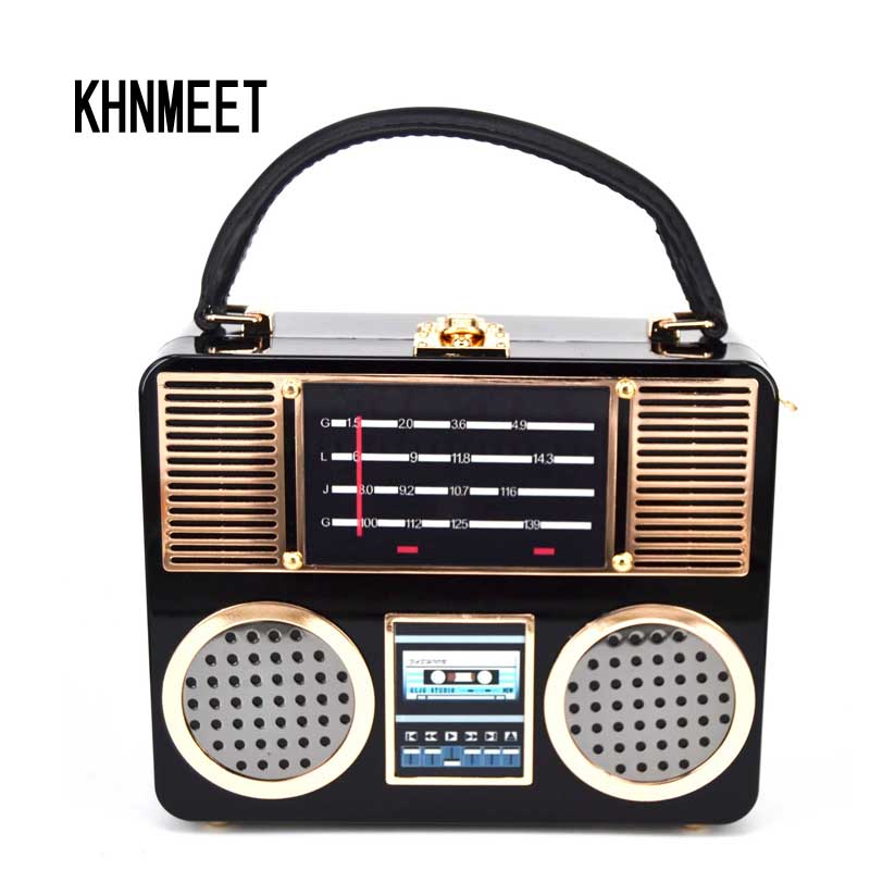 Caja de mano de Radio acrílica negra para mujer, bolso de mano de para , bolso de noche, bolso de maletero, Pochette con bolso de hombro con correa