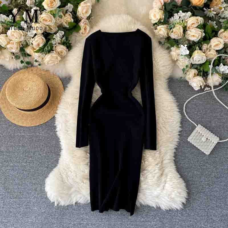 Yuoomuoo Gebreide Jurk Vrouwen Herfst Winter Eenvoudige V-hals Split Bodycon Jurk Elegante Knielange Werk Jurk Dames Jurk Vestido: Black