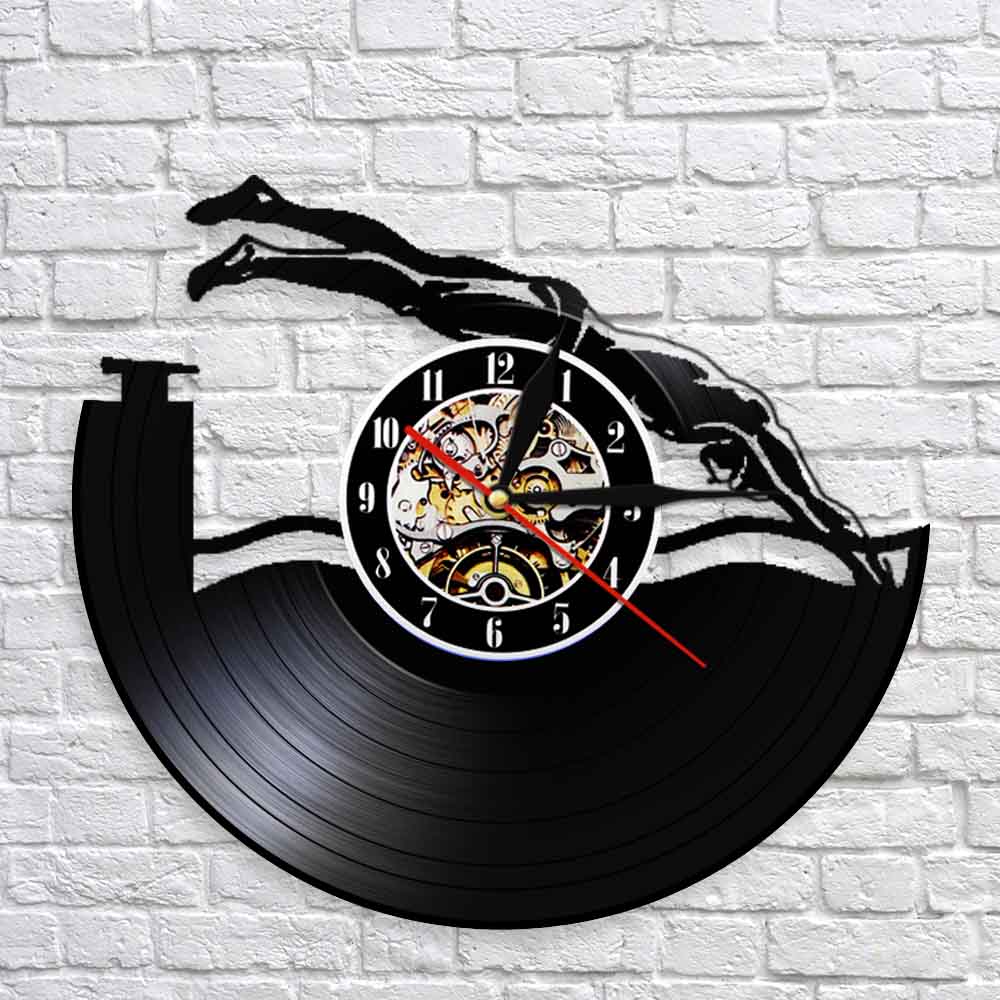 Swimming Pool Wall Art Wall Clock Vinyl Record Wall Clock Swimmers Water Sport Swimming Athletes Home Decor Modern