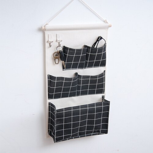 Canvas Storage Hanging Bag Wall Hanging Door Dormitory Hanging Bag 5 Pocket Space Sundries Hanging Organizer: Black Plaid