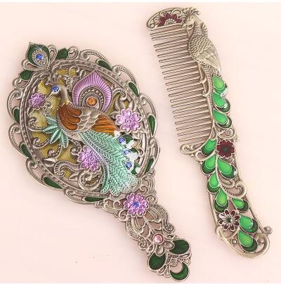 Espejo de mano Vintage para maquillaje, accesorio de tamaño pequeño europeo, con asa, para , HZJ012: C3