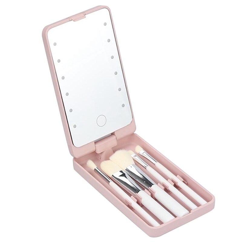 LED Makeup Mirror Portable Makeup Mirror Travel Mirror Stroage Box Makeup Organizer Mirror Box with Full Set Brushes: Pink