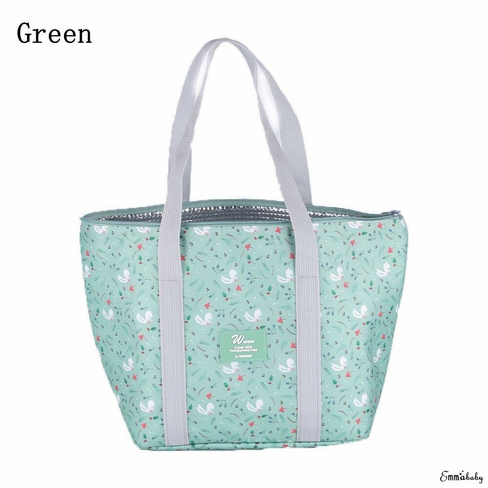 Vrouwen Bloemenprint Picknick Opbergtas Pouch Opvouwbare Geïsoleerde Thermische Cooler Bento Lunchbox Tote: green