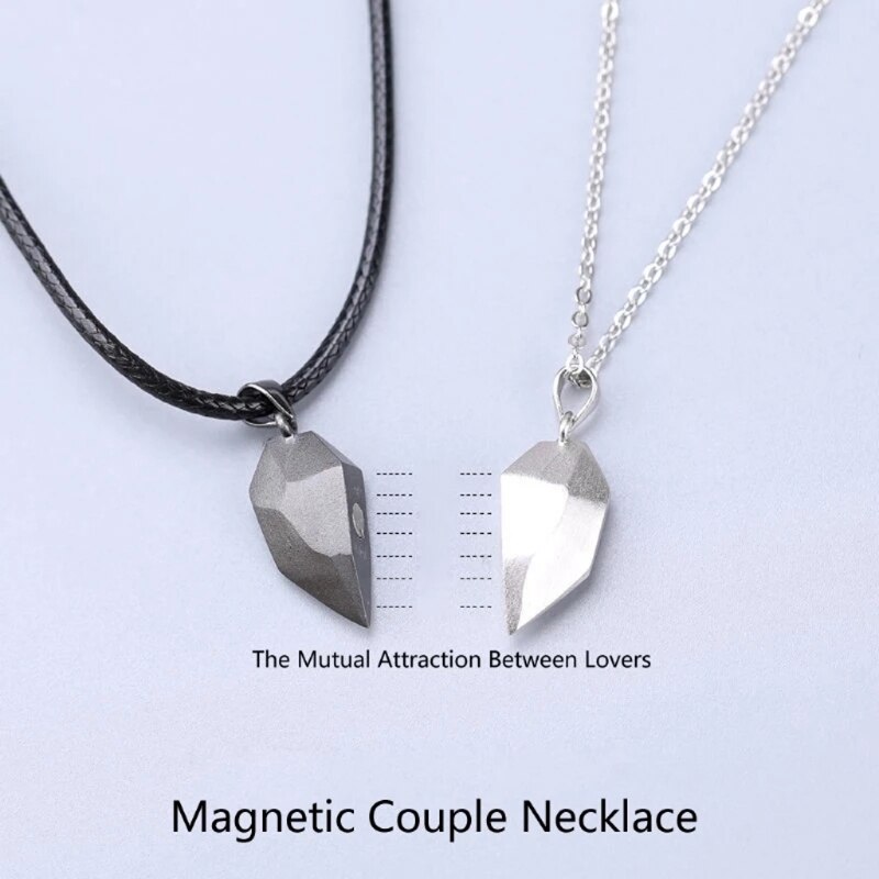 2Pcs Minimalist Lovers Matching Friendship Heart Pendant Couple Magnetic Distance Faceted Heart Pendant Necklace Jewelry