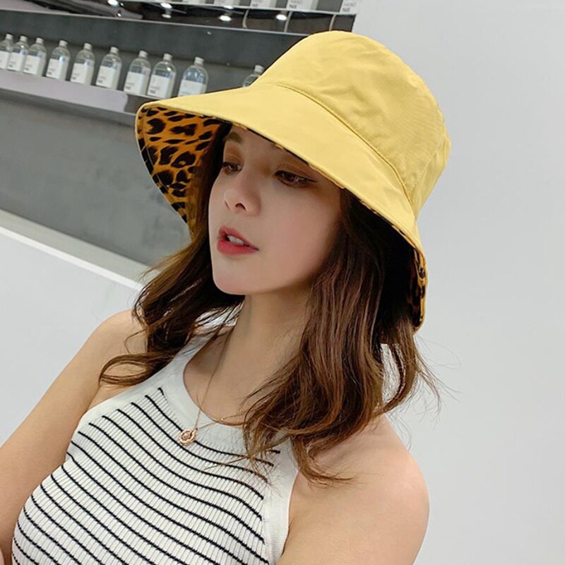 Korea kvinnors leopardmönstrade 2 ytliga bucket hattar män strand platt topp fiskehatt anti uv panama hatt панама мужская