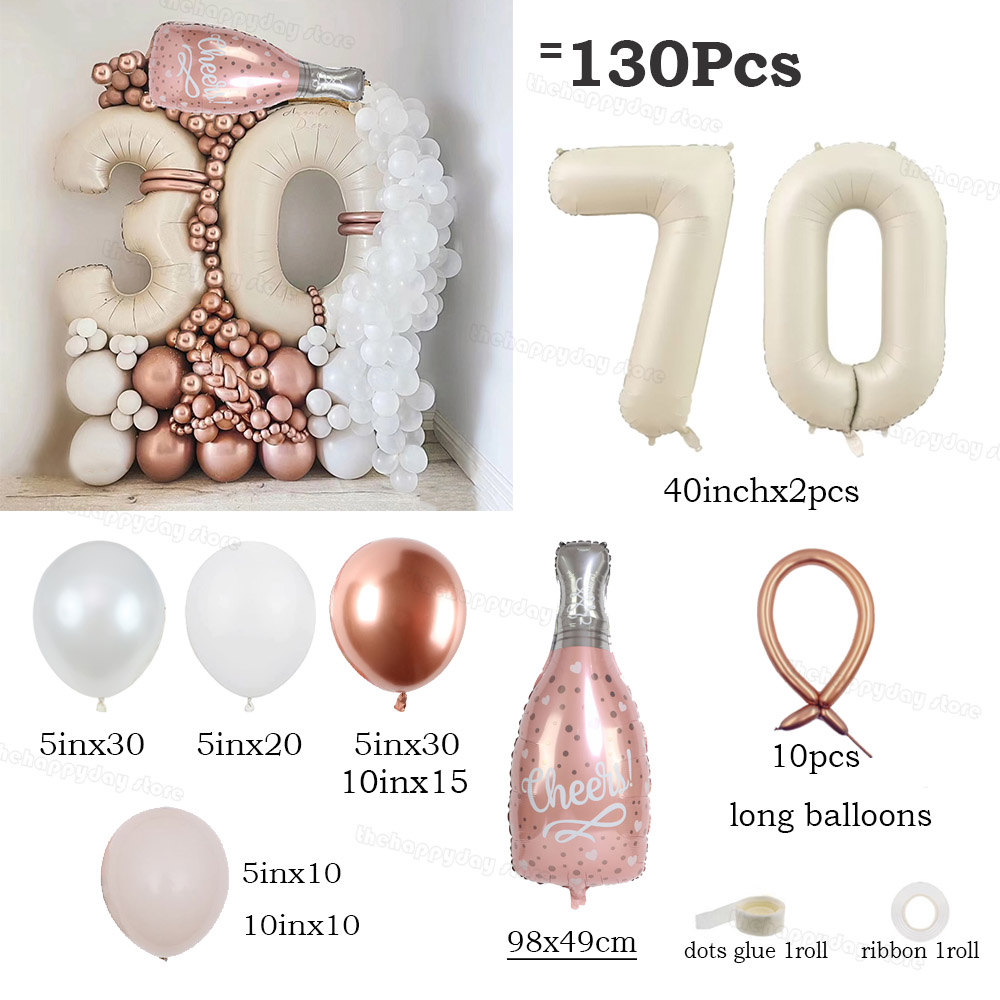 130 Uds. Juego de globos con números de oro blanco y arena crema, globos de aluminio con números de 40 pulgadas para decoraciones de de feliz 20 30 40 50 cumpleaños: Multicolor