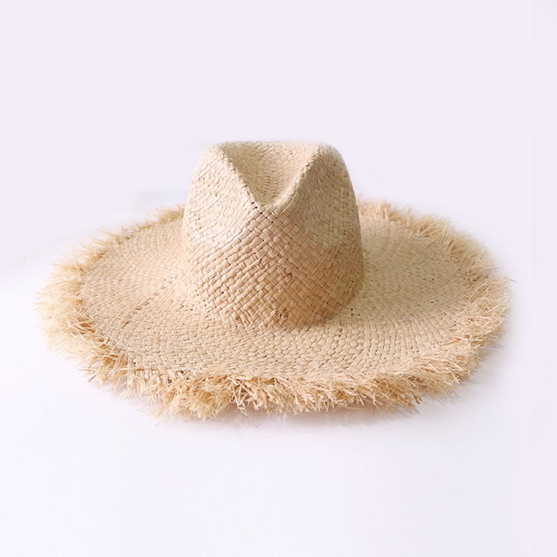 Sombreros de rafia tejidos a mano para mujer, sombrero de paja de ala grande con cordones, para playa y aire libre, color sólido, Simple, Verano
