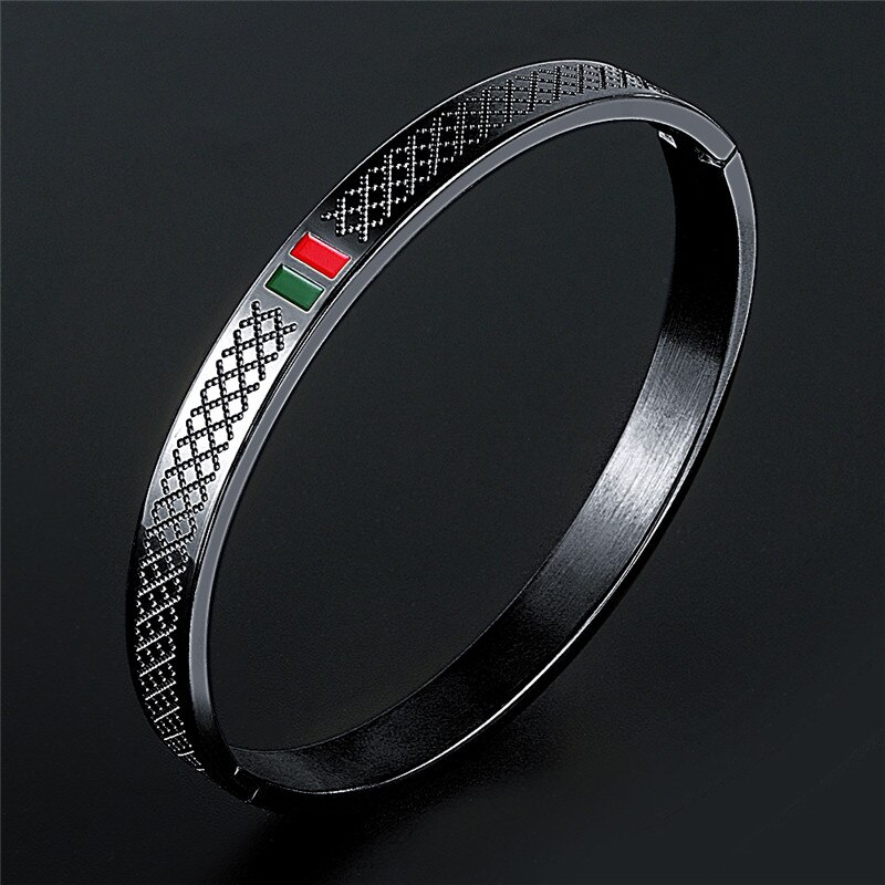 Pulsera clásica de resina esmaltada para hombre y mujer, brazalete de acero inoxidable dorado, color rojo y verde, joyería de lujo: Black Color 18cm