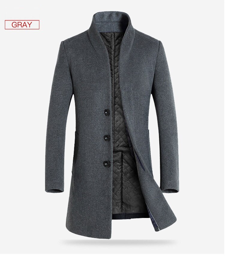 Hcxy lang trenchcoat for menn elegent menn ull vinterjakke frakk herre overfrakk lang homme kommersiell virksomhet vindjakke: Grå / Xl