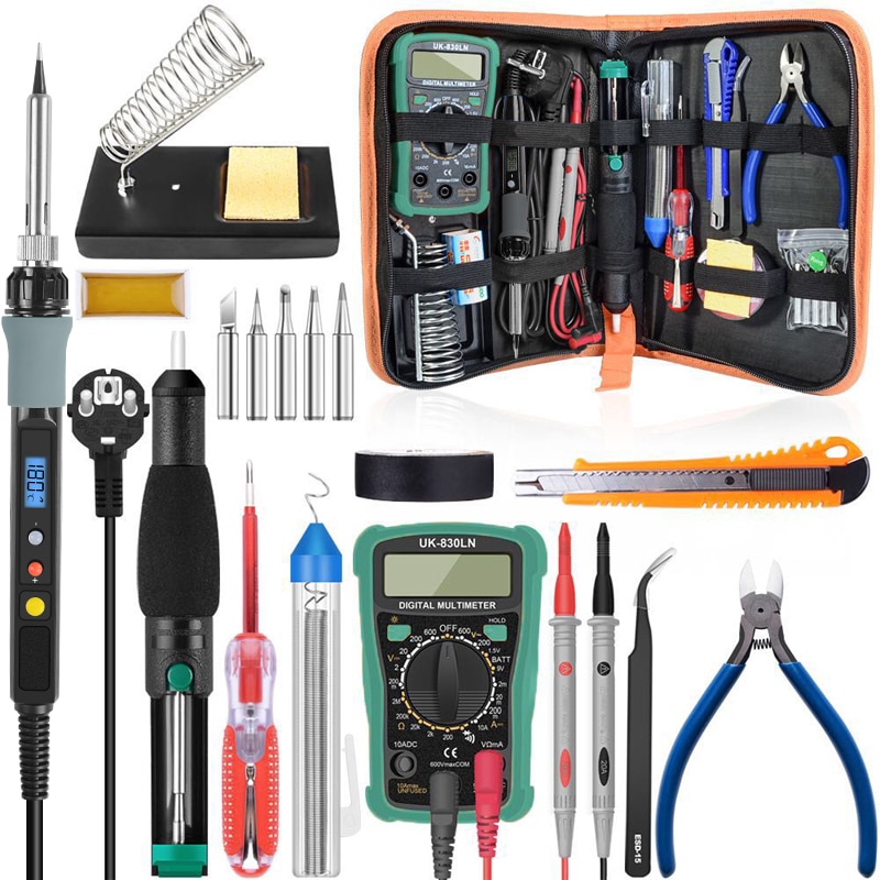 220V 80W Adjustable Temperature Soldering Iron Kit Desoldering Pump With Multimeter Iron Stand Tweezer Tool Kit
