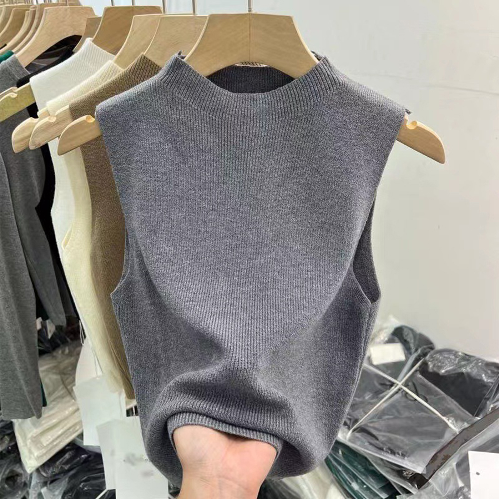 Camiseta sin mangas para mujer, camisetas tejidas de Color sólido, Top corto, camisola, suéter medio cuello alto, sin mangas para primavera y otoño: Azul