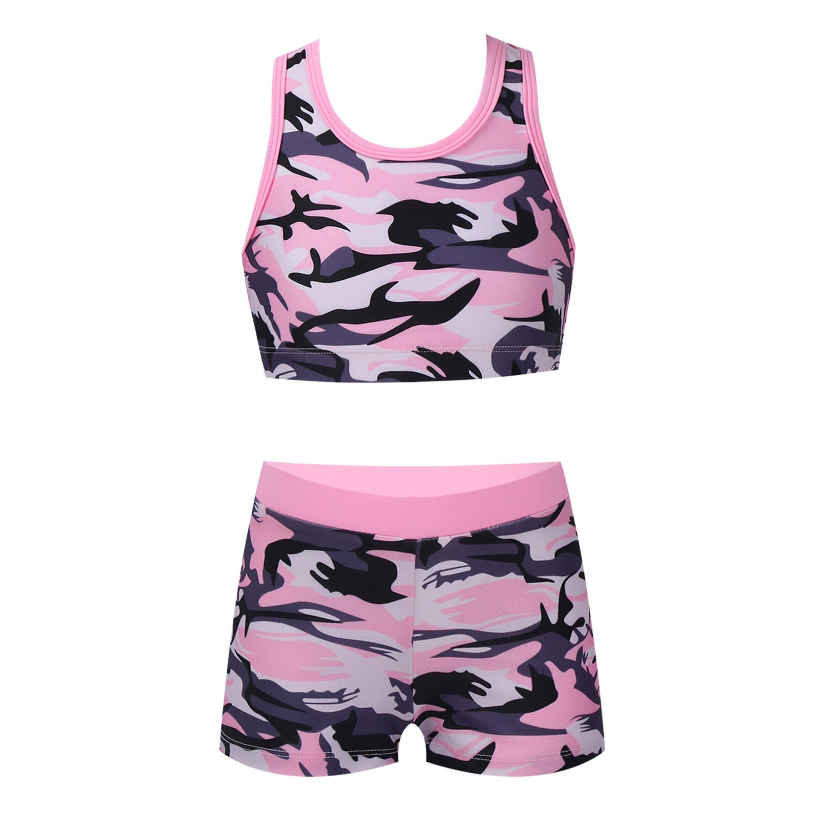 Meninas duas peças impresso maiôs de banho tanque + shorts crianças fatos de treino ballet ginásio roupas de verão das crianças fatos de banho: 6 / Camouflage Pink