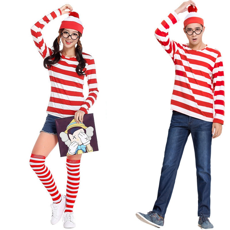 Erwachsene Herren Damen Wally Wenda Waldo Charakter Kostüm Rot Weiß Outfit Buch Woche Phantasie Kleid Hemd Hut Gläser