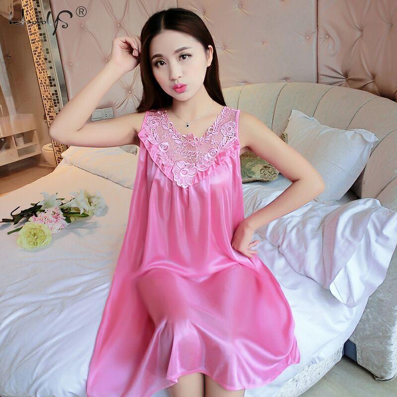 Nachthemden Vrouwen Zomer Ruches Kant Ijs Zijde Nachthemd Sexy Vest Jurk Losse Plus Size Nachtkleding Nachtjapon Sleepshirt Homewear: Rose Pink