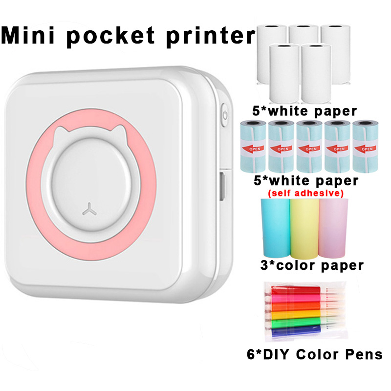 Pocket Thermal Printer Portable Mini Wirelessly BT Connect 200dpi Photo 57 mm Label Memo List Printing Wireless Printer Clearly: pink-13PCS