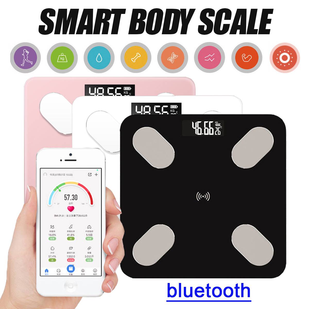 Báscula de salud con Bluetooth y APP, balanza de peso humano inteligente, Analizador de composición corporal, LED, Digital, carga USB, soporte de Android IOS