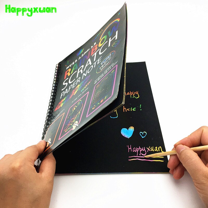 Happyxuan Large Magic Color Rainbow Scratch Art Paper Note book Fully Black DIY Drawing Toys Coloring Painting Kids Doodle