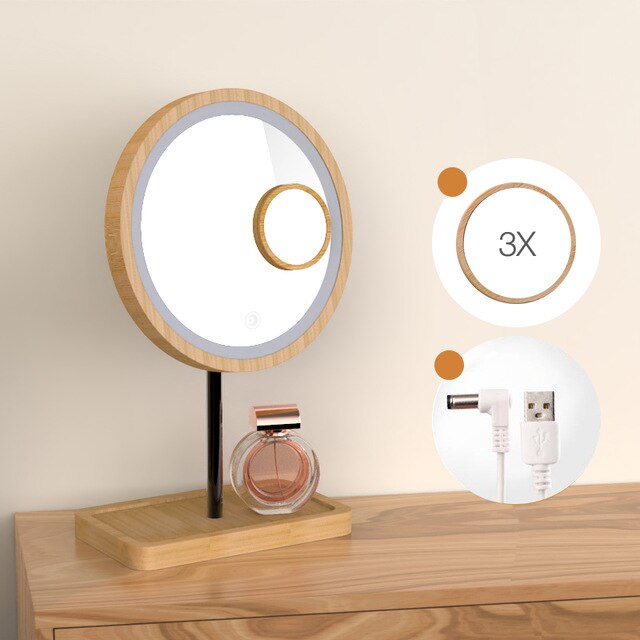Led Houten Desktop Make-Up Spiegel 3X Vergrootglas Usb Opladen Verstelbare Bright Diffuus Licht Touch Screen Beauty Spiegels: Tricolor with 3X