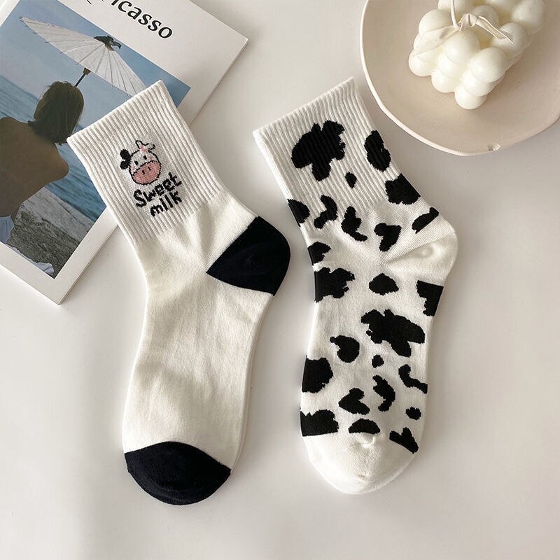 3 Pairs Socks Set Women's Socks Cow Print Ins Black And White Lovely Versatile Socks Stripes