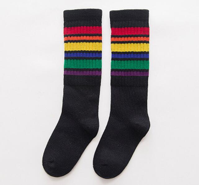 Filles genou chaussettes hautes enfants garçons Football rayures coton sport école blanc chaussettes Skate enfants bébé Long Tube jambe: Black / 4 to 6 year