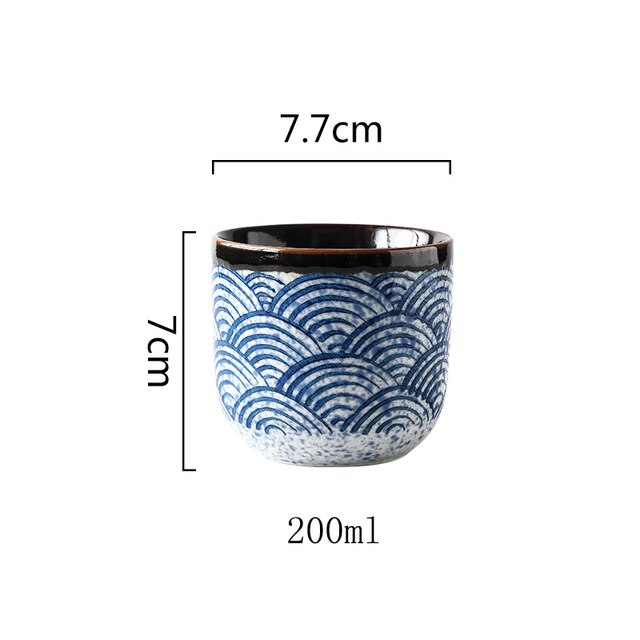 Retro tekopp under glaserad målad teskål traditionell handgjord 80 och 200ml keramisk tekopp vågmönster tekopp: C