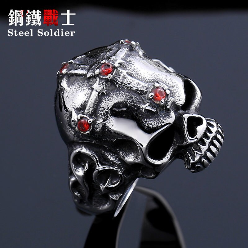 Steel soldier men stainless steel Punk skull Skull Ring Skeleton Style Jewelry: 11 / red stone