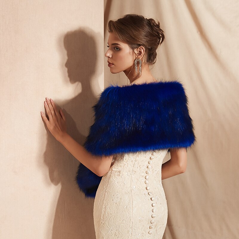 JaneVini bleu Royal hiver fausse Fourrure châle enveloppe de mariée cape femmes boléro Fourrure haussement d'épaules vêtements d'extérieur chauds accessoires de mariage