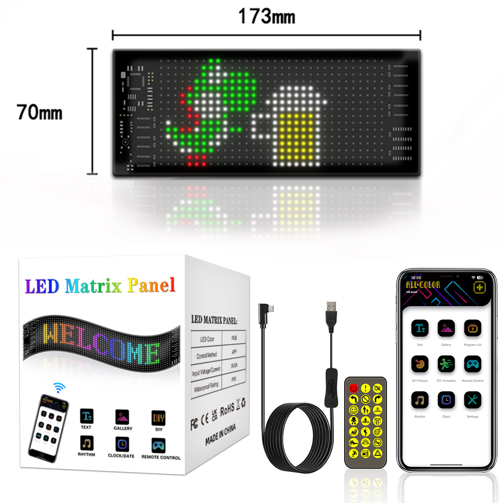 Rgb bluetooth-ohjaus led-näyttöpaneeli matriisi pikselikuvio vieritystekstianimaatio näyttövalo autokaupan näyttöruutu: Valkoinen