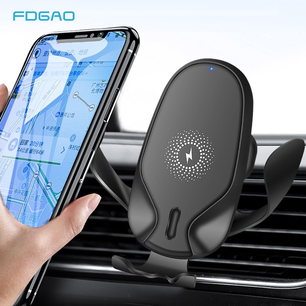 Fdgao qi sem fio carregador de carro gravidade automática para o iphone 11 pro x xs xr 8 samsung s10 s9 s8 nota 10 9 10 w carregamento rápido titular