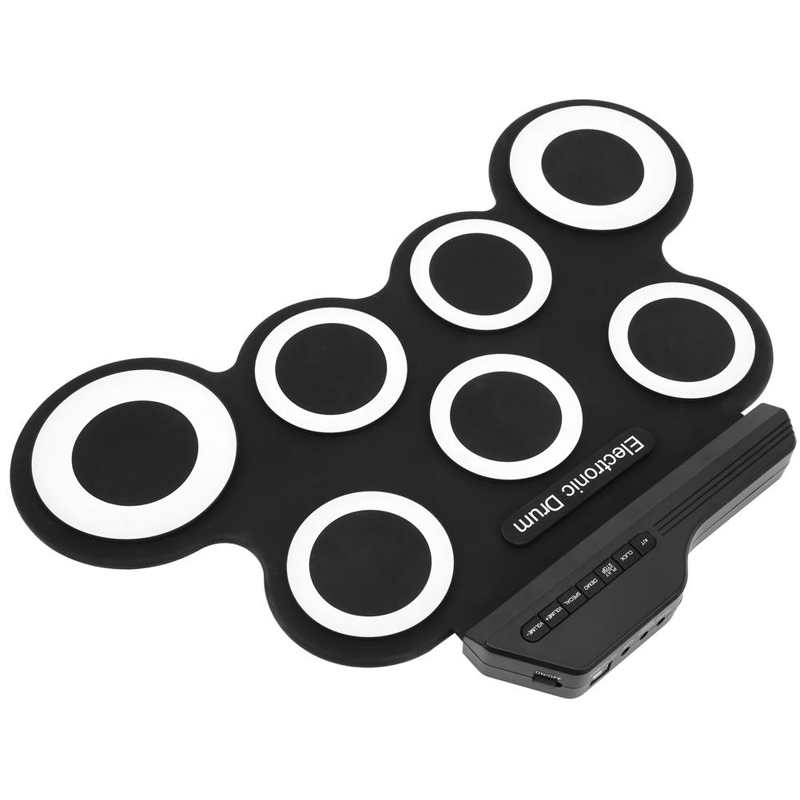Electronic Drum Pad Set Built‑in Speaker Foldable Roll Up Percussion Mat Kit Electronic Drum with Double Foot Pedal 2 Drumstick