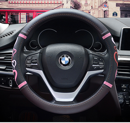 Cartoon Heart Steering Wheel Covers Microfeiber Leather Car Accessories For Girls Black Pink Cute Steering-Wheel Handle Cases: black coffee