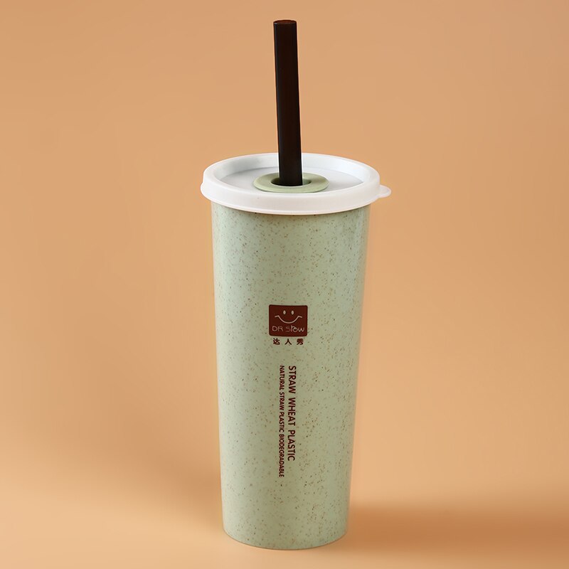 Bærbart hvedestrå vandbæger med sugerør låg cola kaffe plast rejse kop multifunktionelle drikke kopper: Grøn