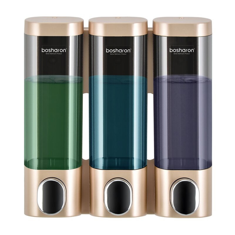 Sæbedispenser vægmonteret manual 3 kammer plastik 300ml transparent hvid badeværelse shampoo dispenser til brusebad hotelkøkken: Guld tredobbelt