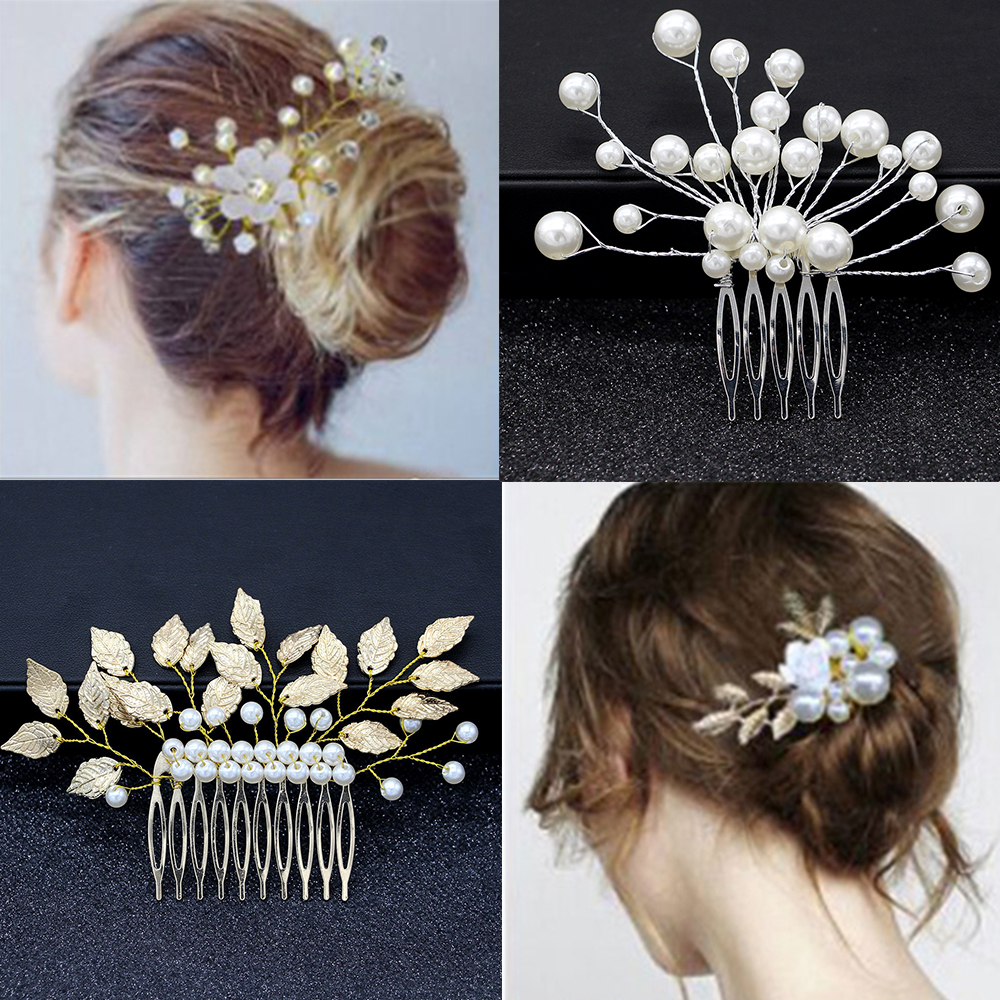 Bruid Bruiloft Handgemaakte Tiara Parel Bloem Haar kam Invoegen Haarspelden Bruiloft Bruidsmeisje Hoofdtooi Disk Haar Kam