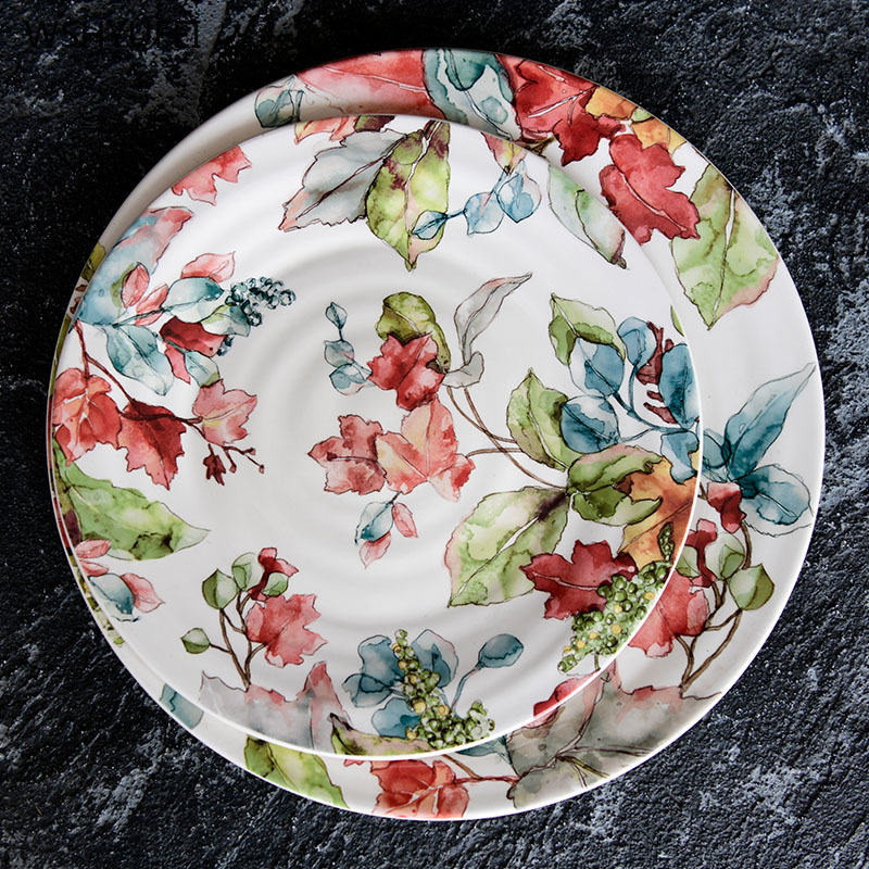 1 stk malede blomster runde keramiske fade bordservice western bøf salat dessert kage sushi opbevaring dekorativ tallerken