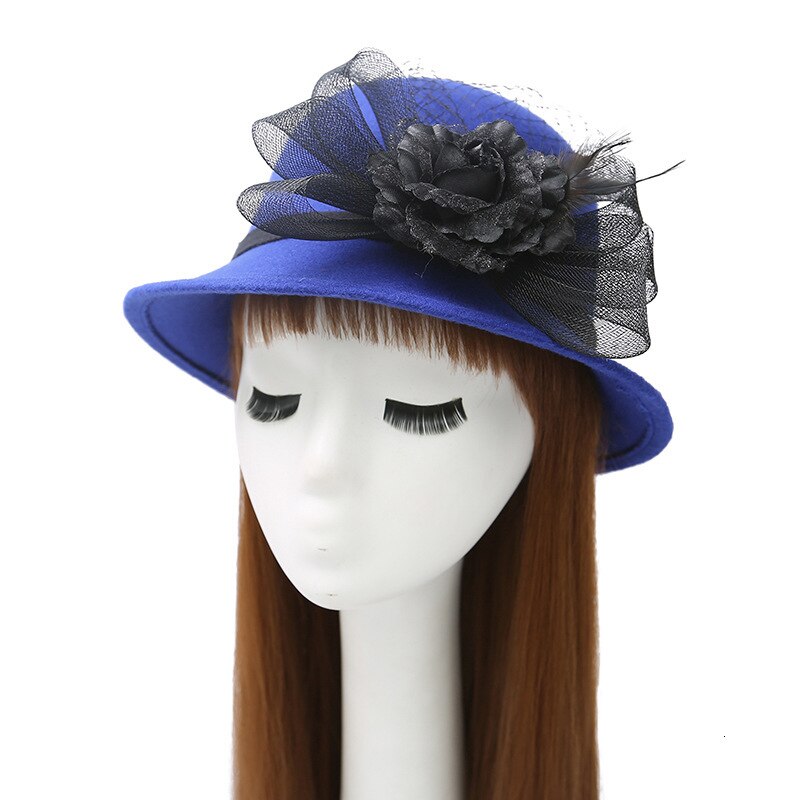 Sombreros de fieltro de lana roja de Estilo Vintage , sombrero con plumas de lana clásica roja para mujer, Gorra de fieltro a la para mujer: royalblue