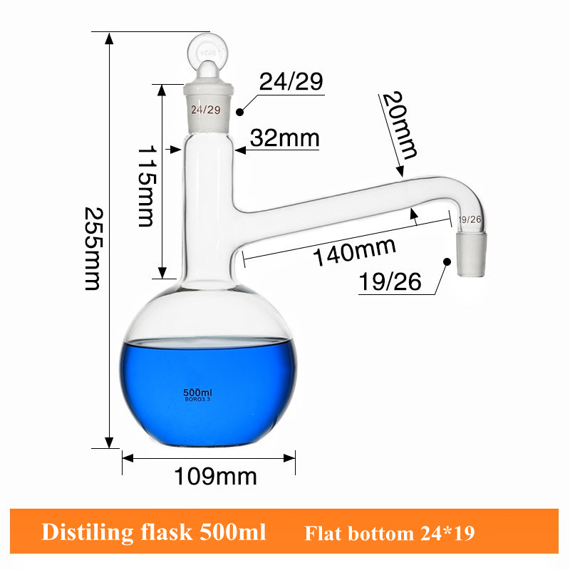 Matraz de destilación de 500 mL, frasco de vidrio, uso para hacer agua destilada, extracción de aceite esencial, cristalería de Laboratorio 1/PK