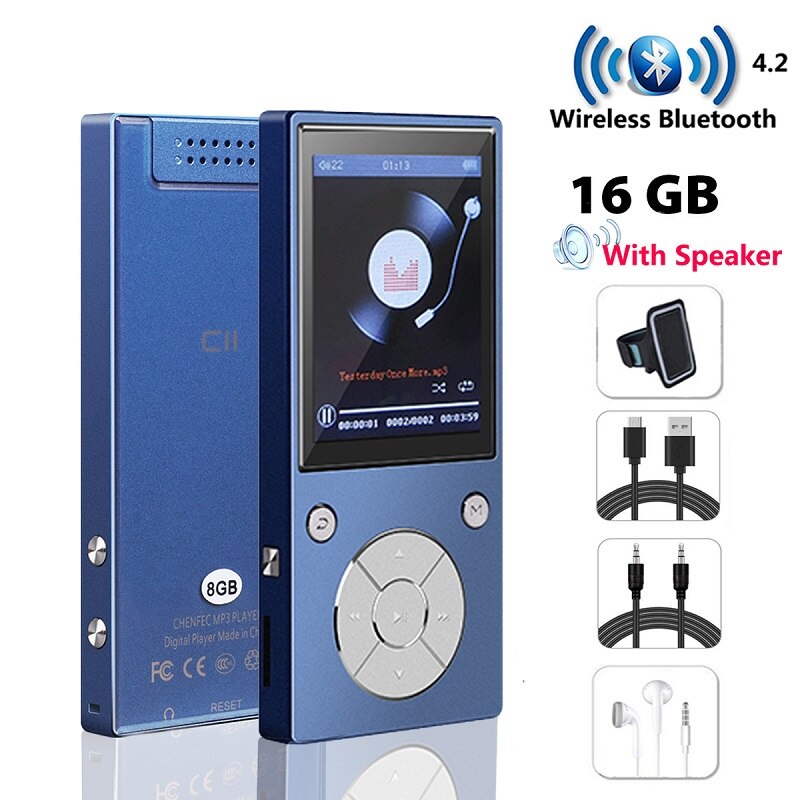 Bluetooth4.2 MP3 Player Speaker 2.4Inch Screen metal hifi music player with fm radio eBook hifi walkman support usbmini SD: C11-Full Set-Blue / 16GB