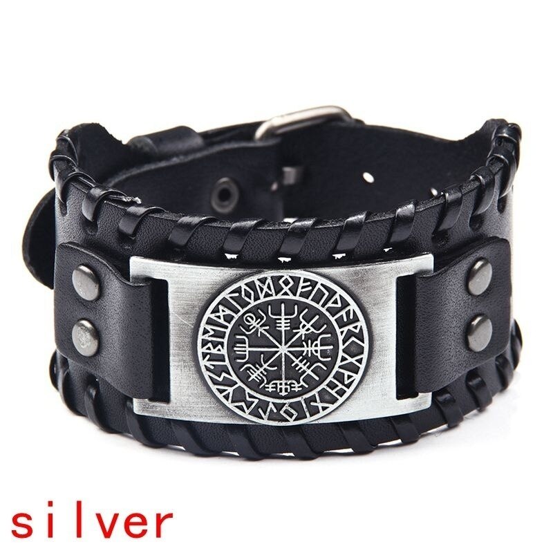 Retro Wide Leather Pirate Compass Bracelet Men&#39;s Bracelet Celtic Viking Jewelry Compass Bracelet Accessories Party: silver