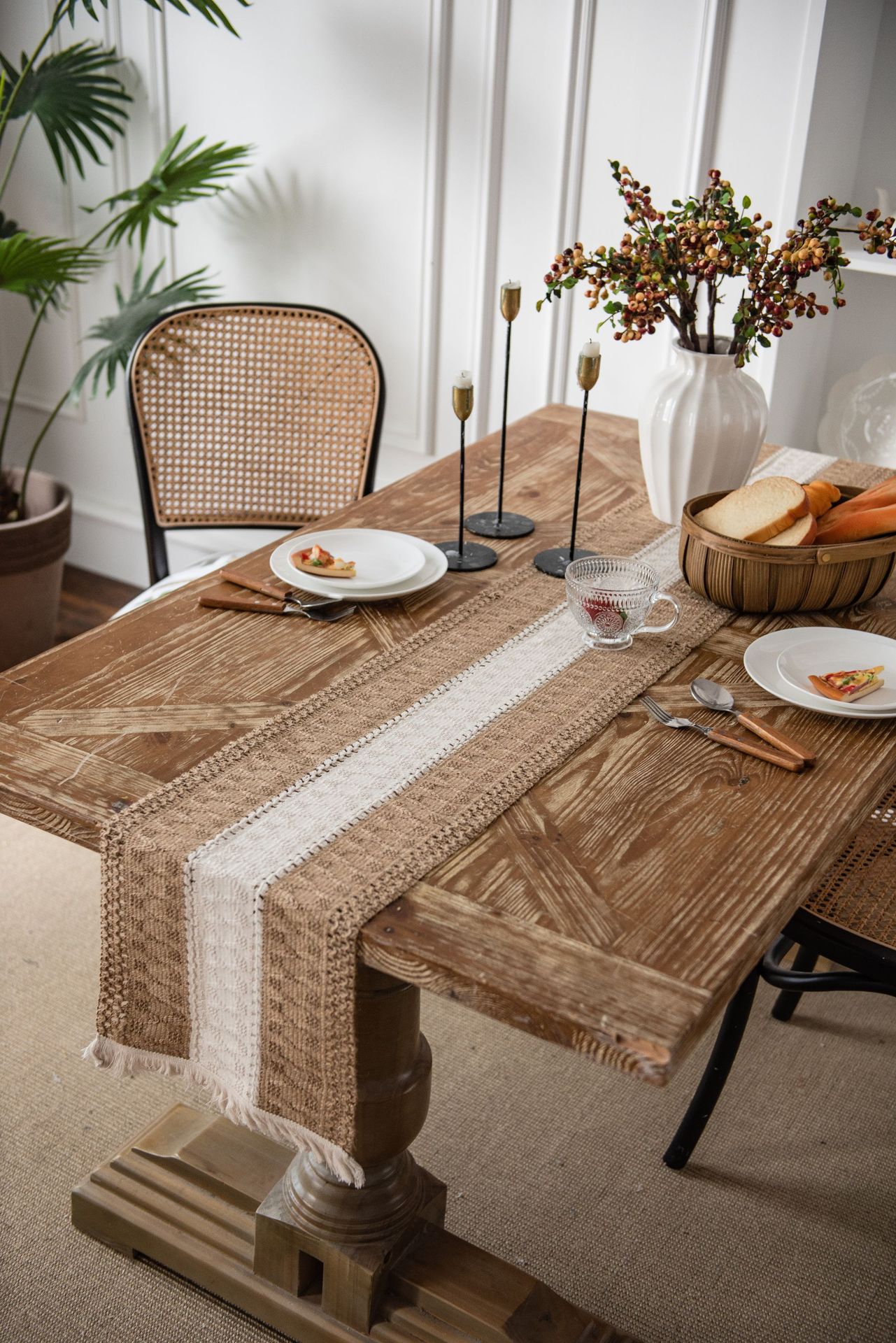 Cotton and linen stitching table runner two-color woven tassel natural material American country table mat: 30*210cm / B