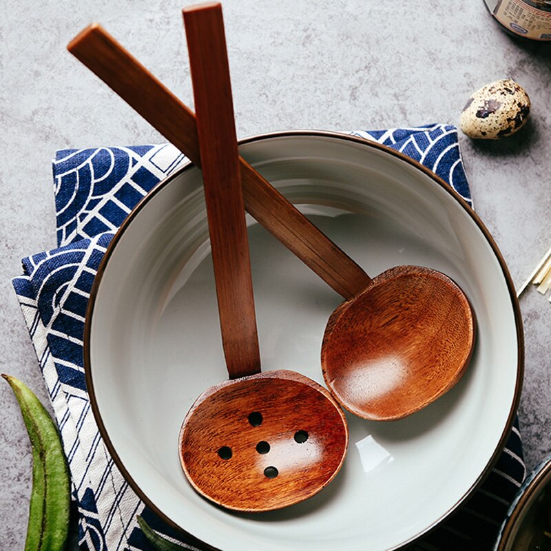 4 stk træskeer stor træske sæt japansk stil ramen suppe ske spiseskefuld lang håndteret køkken sil køkkenredskab